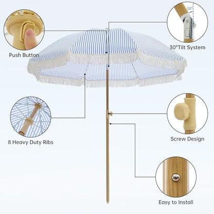 Aohanoi Outdoor Umbrella - Sun Protection, Rain Resistant, Windproof with Manual Open-Close Feature - Ideal for Beach, Camping, and Picnics - color: Blue Pinstripe