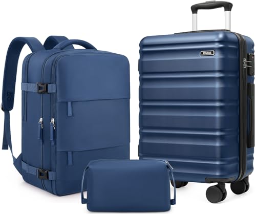 Carry On Luggage 22x14x9 Airline Approved, 3 Piece Set with Backpack - color: Navy Blue, size: 3 piece set (20inch)