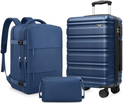 Carry On Luggage 22x14x9 Airline Approved, 3 Piece Set with Backpack - color: Navy Blue, size: 3 piece set (20inch)