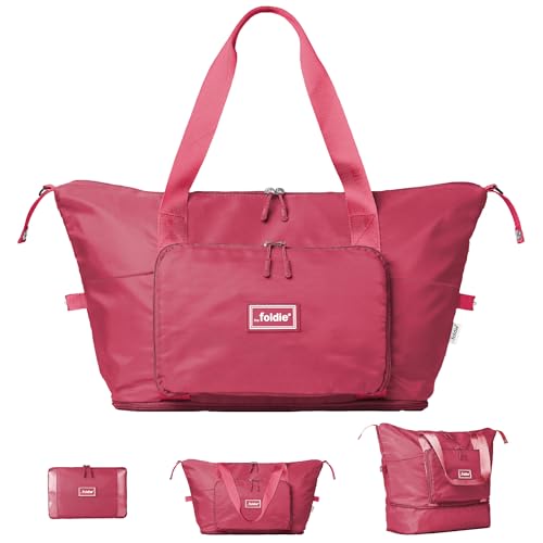 The Foldie Foldable Travel Bag for Women - 40L Weekender Bag with Multiple Pockets - Carry On Expendable Travel Bag - color: Pink