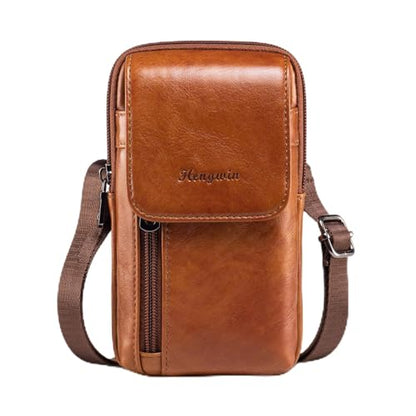 Genuine Leather Crossbody Bag for Men/Women, Small Messenger Bag Cell Phone Purse Shoulder Holster Passport Pouch - color: Brown_B