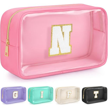 Initial Clear Makeup Bag, Birthday Gift Chenille Patch Cosmetic Bag - color: Pink, size: N