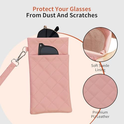 Double Eyeglass Case Soft Dual Glasses Case for Women Men Travel Squeeze Top Sunglasses Cases Eyeglasses Pouch - color: Black+dark Pink Lanyard