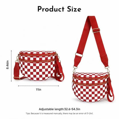 Checkerboard Crossbody Bag for Women, Expandable Plaid Belt Bag Nylon Fanny Pack with Multiple Pockets - color: Red Checkered