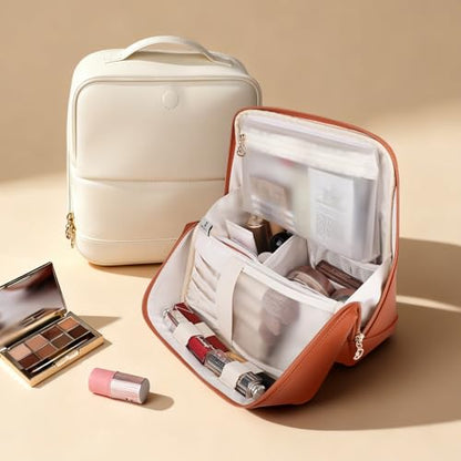 GIVLEFLY Standing Makeup Bag for Women, Large Travel Cosmetic Organizer - color: Brown