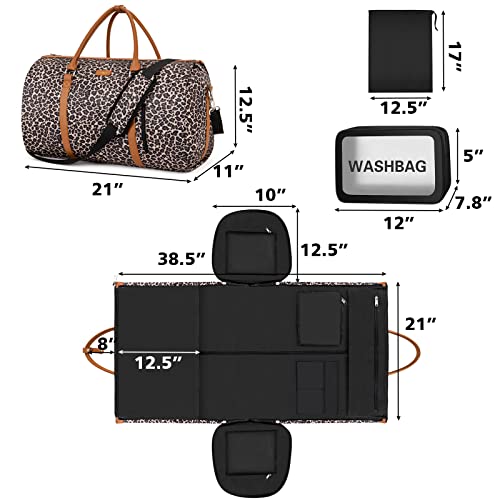 Convertible 2-in-1 Garment Bag for Travel With Toiletry Bag for Women & Men - color: C-brown Leopard