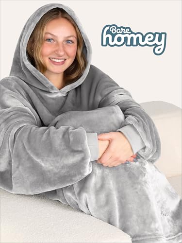 Bare Home Microplush Wearable Blanket with Side Pockets - Soft and Plush - Warm and Cozy - Adult & Kid Sizes (Adult, Light Grey) - color: Light Grey, style: Adult - Side Pockets