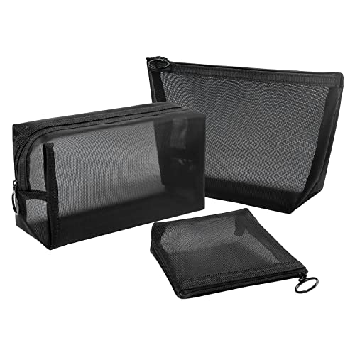 Aosbos 3-Pack Mesh Cosmetic Bag Set - Travel/On-The-Go Makeup Storage, Zipper Closure Small Pouch - color: Black