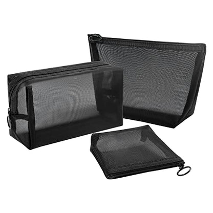 Aosbos 3-Pack Mesh Cosmetic Bag Set - Travel/On-The-Go Makeup Storage, Zipper Closure Small Pouch - color: Black