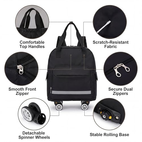 Backpack With Wheels, Large Foldable Backpack For Travel, Collapsible Duffle Bag With Carry On Design, Detachable 4 Spinner Wheels - Black