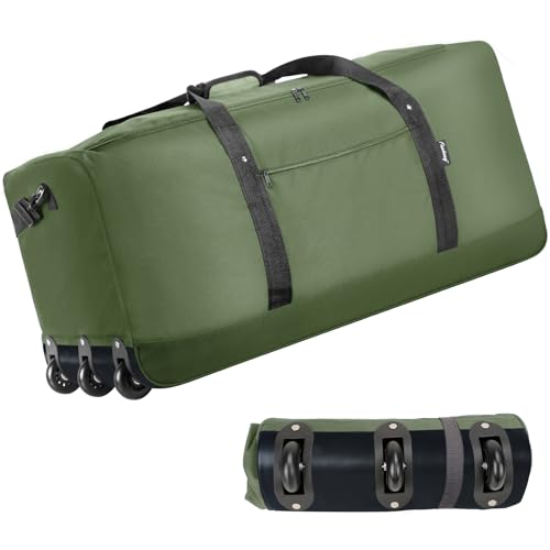 Finnhomy 120L Foldable Rolling Duffel Bag with 3 Wheels, Light Weight Travel Duffel bag with Large Loading Capacity, 32'' Rolling Duffel bag with Shoulder Strap - color: Green