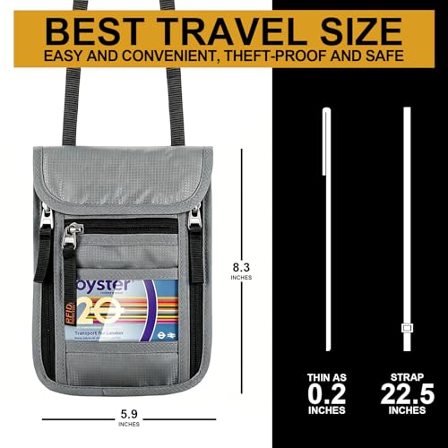 Neck Wallet for Travel-Passport Holder-Money Pouch-RFID Blocking - color: Grey