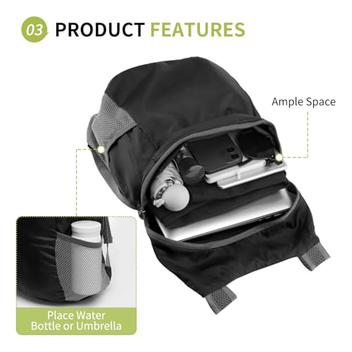 Ultra Lightweight Hiking-Daypack,Foldable Travel Packable Backpack | 20L Foldable Bag for Camping Cycling Outdoor,Day Pack for Men Women,black - color: Black