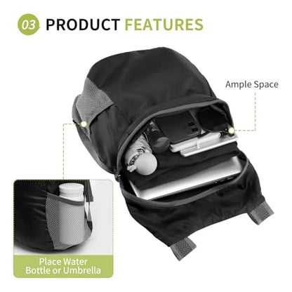 Ultra Lightweight Hiking-Daypack,Foldable Travel Packable Backpack | 20L Foldable Bag for Camping Cycling Outdoor,Day Pack for Men Women,black - color: Black