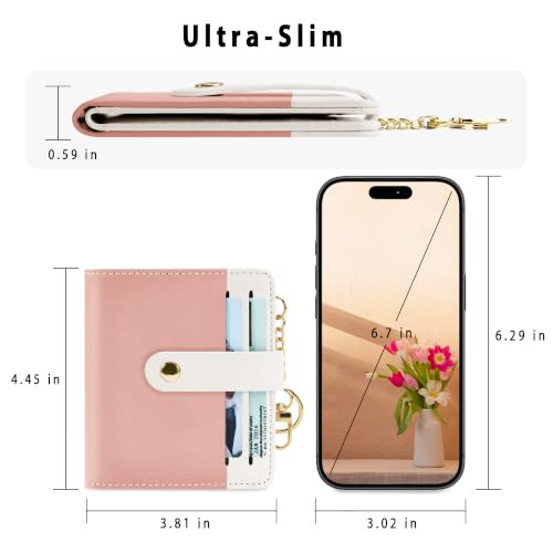 Airkit Small Wallet Women RFID, PU Leather Card Holder with Keychain - color: Pink & White