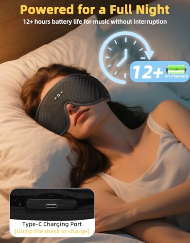 3D Contoured Adjustable Sleep Mask with Bluetooth Headphones, Blackout Sleeping Mask with 1-Hour Timer Sleeping Headphones with Thin Stereo Speakers for Men, Women