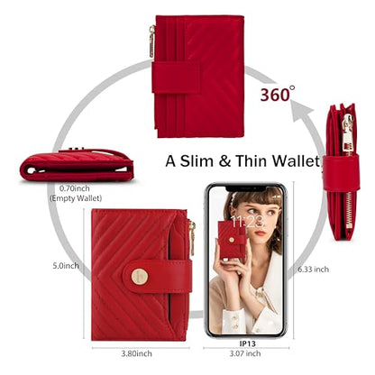 Small Womens RFID Bifold Red Wallet,Compact Leather Card Holder - color: Red