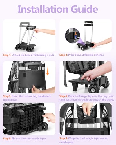 Yarwo Rolling Clear Backpack, 17" Transparent Bag with Detachable Trolley - color: Black