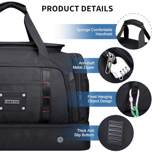WITZMAN Travel Duffle Bag for Men 55L Nylon Weekender with Shoe Compartment - color: Black