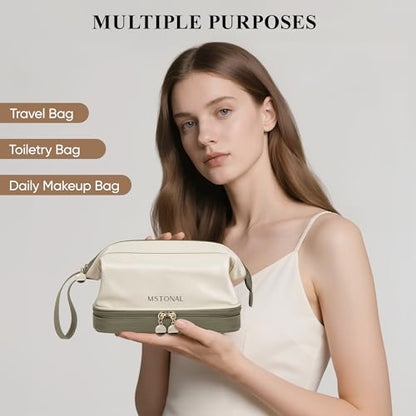 Travel Makeup Bag, Double Layer Cosmetic Bag for Women, Beige Olive - color: Beige & Olive Green, size: Large