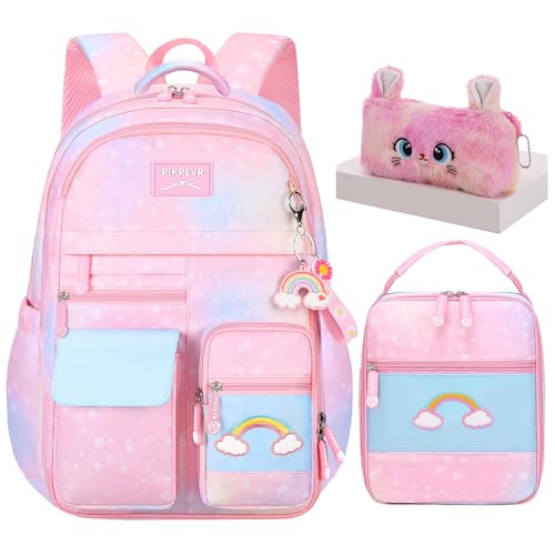 Jcobvig 3Pcs Girls Rainbow School Backpack with Lunch Bag for Elementary - color: Pink, size: Large