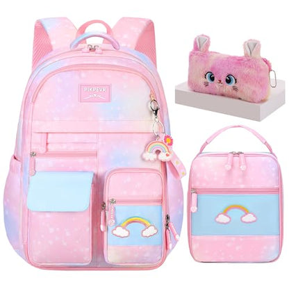 Jcobvig 3Pcs Girls Rainbow School Backpack with Lunch Bag for Elementary - color: Pink, size: Large