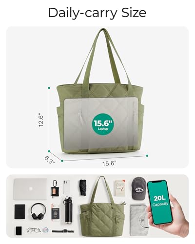 BAGSMART Crush Tote Bag for Women, 20L Puffer Work Tote with Zipper - color: Green