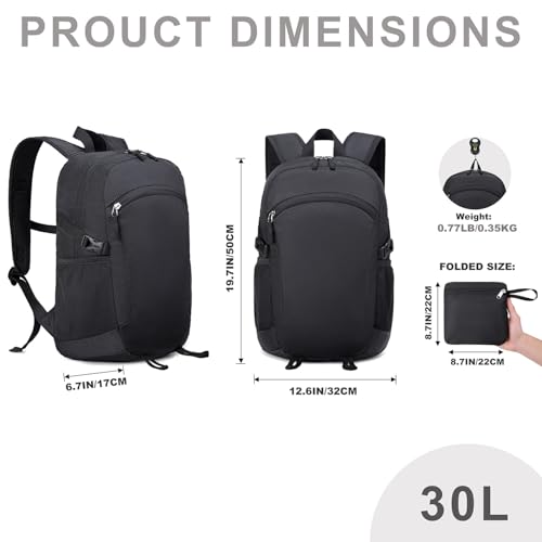 Lightweight Hiking Backpack 30L Packable Foldable Daypack Collapsible Travel Bag Water-Resistant for Women Men (Black) - color: Black, size: Large