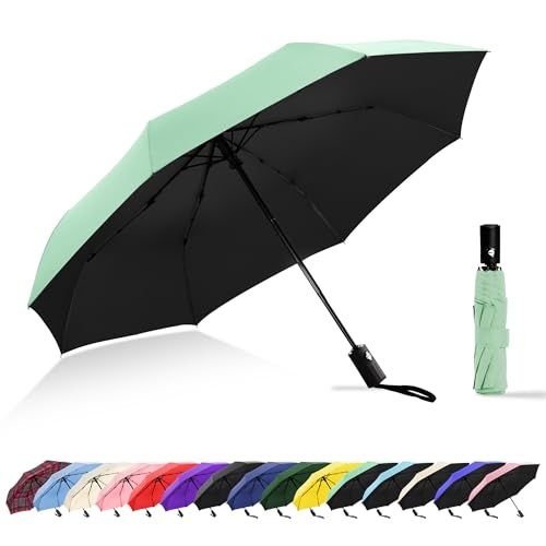 Windproof Travel Umbrella, Automatic Compact Folding Umbrella, Small Travel Size Umbrella for Rain, Backpack & Everyday Carry - color: Light Green