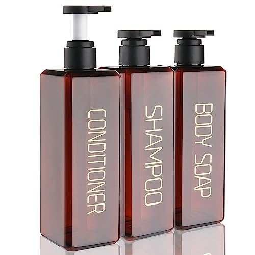 Shampoo and Conditioner Dispenser Shower Soap Bottles 3 Pack 550ml/18.6oz Refillable Shampoo Pump Bottle Dispenser Plastic Empty Body Wash Dispensers with Stylish Permanent Labels for Bathroom (Brown) | Plastic Empty Containers Fitted with Permanent Label