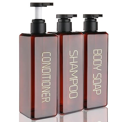 Shampoo and Conditioner Dispenser Shower Soap Bottles 3 Pack 550ml/18.6oz Refillable Shampoo Pump Bottle Dispenser Plastic Empty Body Wash Dispensers with Stylish Permanent Labels for Bathroom (Brown) | Plastic Empty Containers Fitted with Permanent Label
