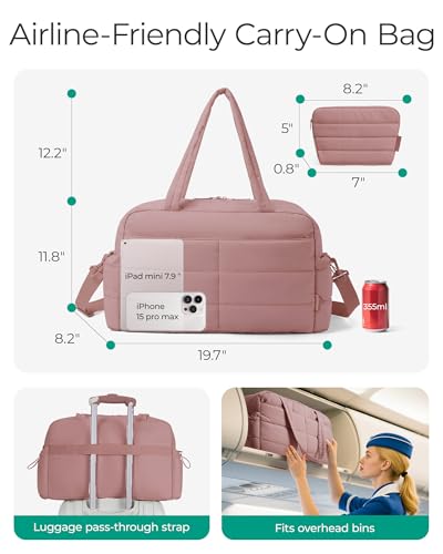 BAGSMART Gym Bag for Women, 2-PC Puffer Travel Duffle Bag Carry On Tote Bag - color: Pink