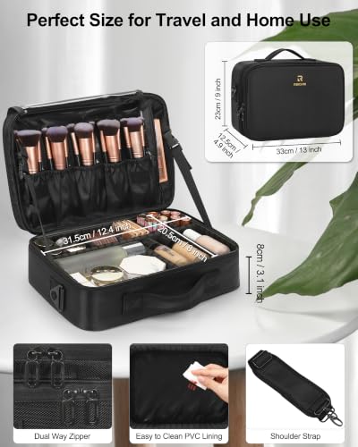 Relavel Makeup Bag Travel Train Case Cosmetic Organizer with Divider, Black - color: Black, size: Medium