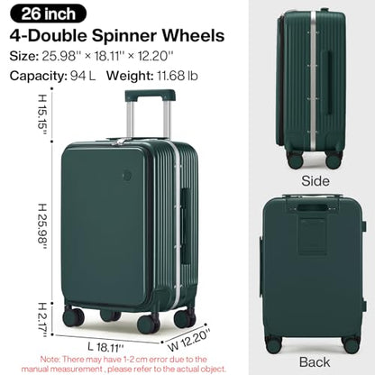 mixi Large Checked Luggage with Cup Phone Holder and Charger Hard Shell Suitcases with Spinner Wheels, 26 Inch Blackish Green - color: Blackish green, size: 26-inch