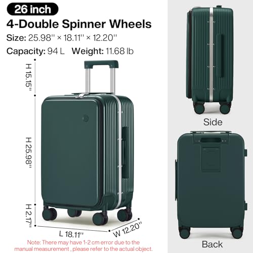 mixi Large Checked Luggage with Cup Phone Holder and Charger Hard Shell Suitcases with Spinner Wheels, 26 Inch Blackish Green - color: Blackish green, size: 26-inch