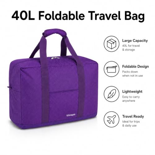 Foldable Travel Duffle Bag with Trolley Sleeve 40L Travel Bag - color: Purple