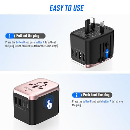 VYLEE Universal Travel Adapter, 5 in 1 International Power Adapter - color: Rose Gold
