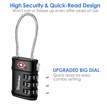 2 Pack TSA Approved Luggage Cable Locks, 3 Digit Combination Travel Padlocks, Lightweight Resettable Code Padlock, Ultra-Secure Lock for Suitcase, Toolbox, Backpack, Gun Case, Gym Locker-Black