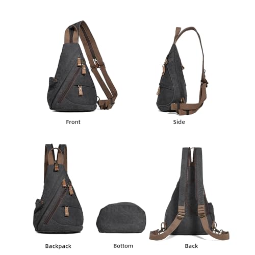 KL928 Canvas Sling Bag Small Crossbody Purse Casual Backpack for Men Women - color: Medium-black