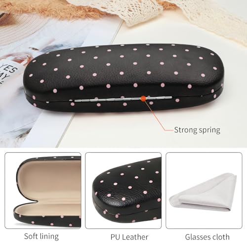 Glasses Case Hard Shell, Cute Sunglasses Case for Women Leather Protective Case for Eyeglass with Cleaning Cloth - color: Black Pink Polka Dot