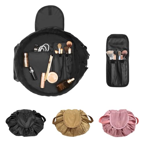 Drawstring Makeup Bag Open Lay Flat - Travel Cosmetic Organizer Bag for Women - Toiletry Bag with Brush Holder - Black, Large Capacity, Travel Essential - color: Black