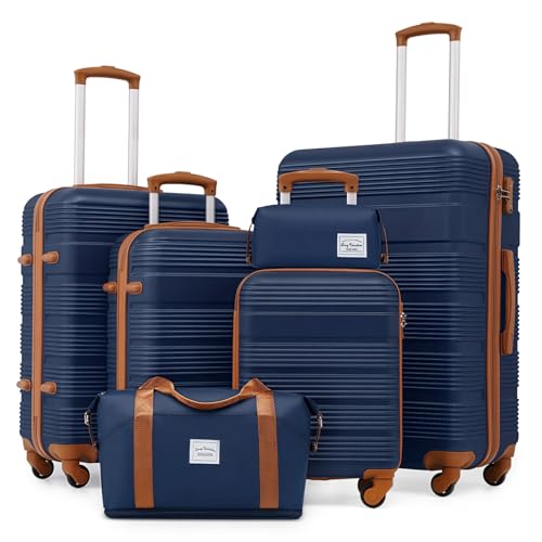LONG VACATION Luggage Sets with Spinner Wheels, Suitcase Set 6 Piece - color: NAVY, size: 6 piece set