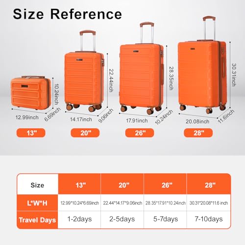 4 Piece Luggage Set Expandable ABS Travel Suitcase Set TSA Lock Hardshell Durable Lightweight Traveling Luggage Sets Gift for Back to School (Orange, 28in26in20in13in) - color: Orange