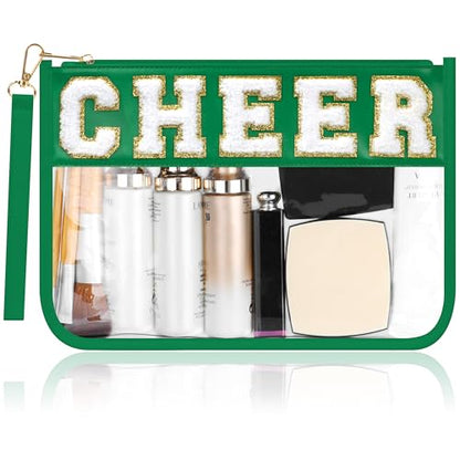 BuyCard Cheer Chenille Letter Bags Clear Makeup Bag, Cheerleader Gifts Cosmetic Bag, Varsity Preppy Patch Flat Pouch Cheer Accessories, Waterproof PVC Organizer Toiletry Bag for Women Girls Green - color: Green-Cheer