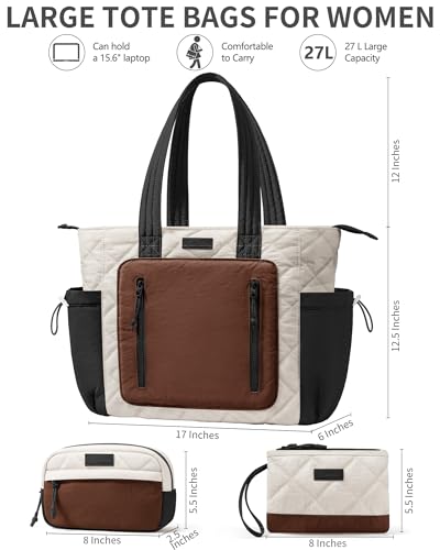 Bagstellar Puffer Tote Bag for Women, Lightweight Puffy Work Laptop Handbag - color: Cream-brown-black