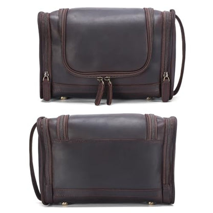 Polare Full Grain Leather Toiletry Bag Travel Dopp Kit Makeup Cosmetic Organizer Shaving Kit Wash Case with Hanging Hook - color: A-Dark Brown
