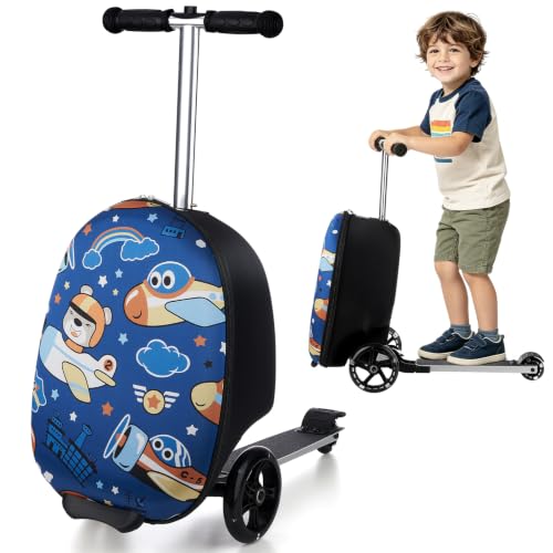 ALVOD 2-in-1 Scooter Suitcase for Kids, Ride-On Carry-On Luggage Scooter Foldable Travel Suitcase for Boys and Girls - color: Blue