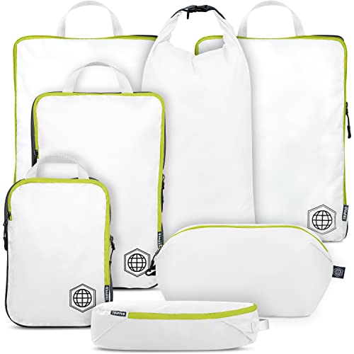 TRIPPED Travel Gear Large Compression Packing Cubes 7-Piece Set for Travel - color: White/Green
