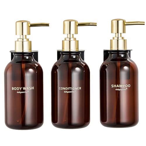 Amber Shampoo and Conditioner Dispenser Set of 3 - color: Dark Amber + Gold Pump