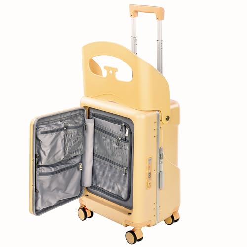20" Ride-On Luggage with Child Seat, Hardside Carry-On Suitcase with Front Access Shockproof Silent Spinner Wheels, TSA Lock, Charging Port for Kids & Adults & Busy Moms - color: Yellow